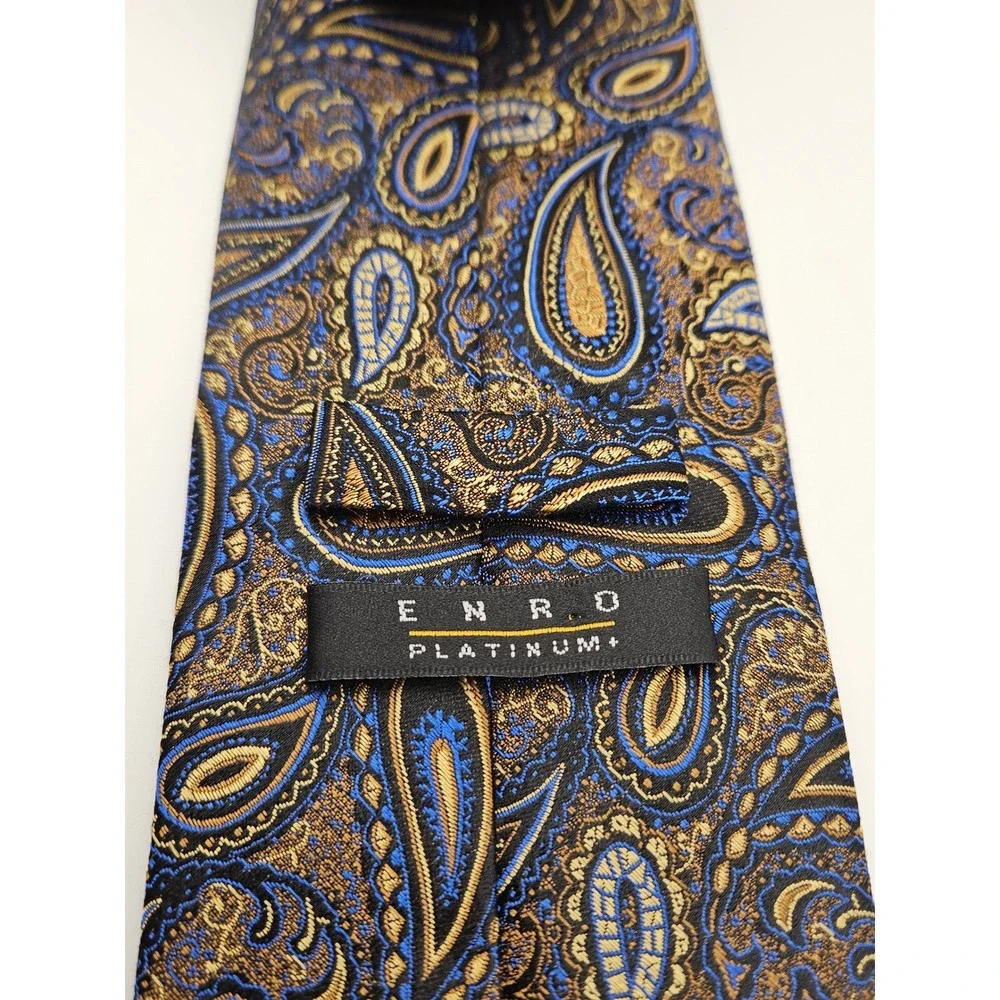 Enro‎ Platinum+ Mens Silk Necktie Gold Royal Blue Black Paisley Woven Tie